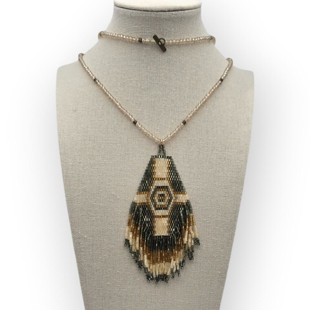 Brown Champagne Ivory Faceted Beaded Pendant Necklace Long – Elegant Boho Chic